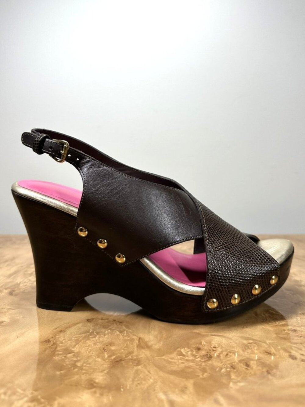 Lilly Pulitzer Callie Brown Leather Studded Wood Platform Wedge Sandals 8M